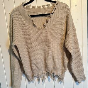 Daytrip Beige V-Neck Distressed Sweater